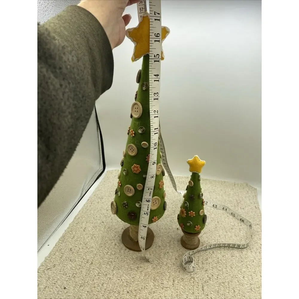 Set Of Two Crafted Button Christmas Trees. Cloth, Buttons, And Wood